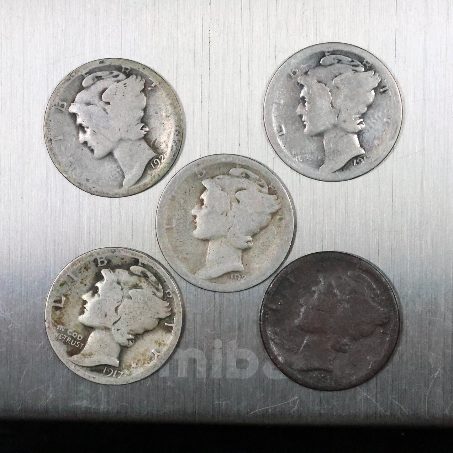 Lot of 5 Mercury Dimes - Very Worn/Cull 11.5 grams Exact Coins Shown