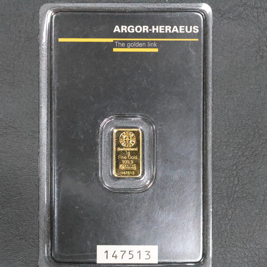 1 Gram Gold Argor-Heraeus .9999 Gold Bar Sealed in Assay Kinebar