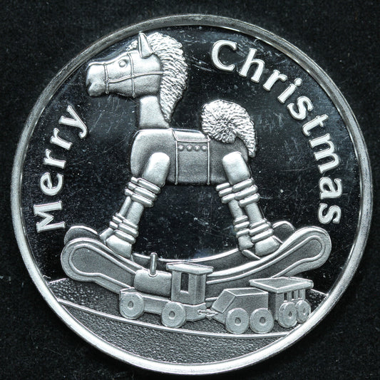 1 oz .999 Fine Silver - Merry Christmas Rocking Horse Snowflakes Art Round w/ Capsule