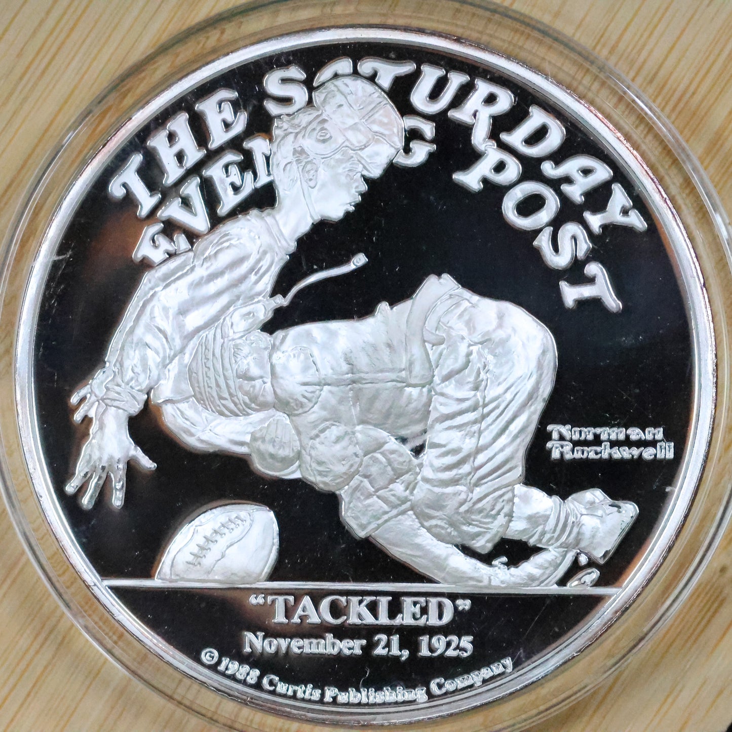 Saturday Evening Post Norman Rockwell "Tackled" 5 oz .999 Fine Silver Round w/ Capsule