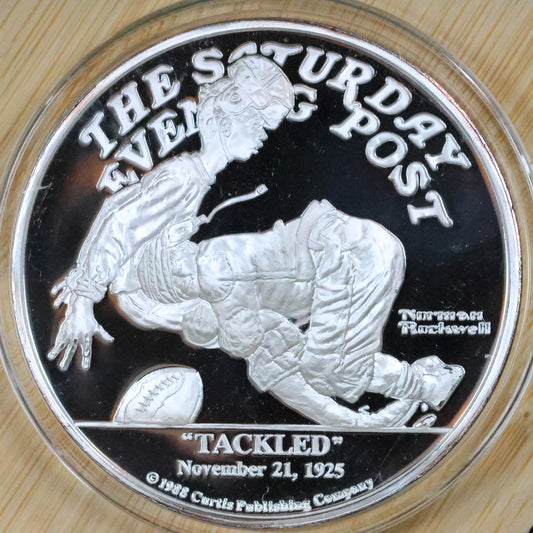 Saturday Evening Post Norman Rockwell "Tackled" 5 oz .999 Fine Silver Round w/ Capsule