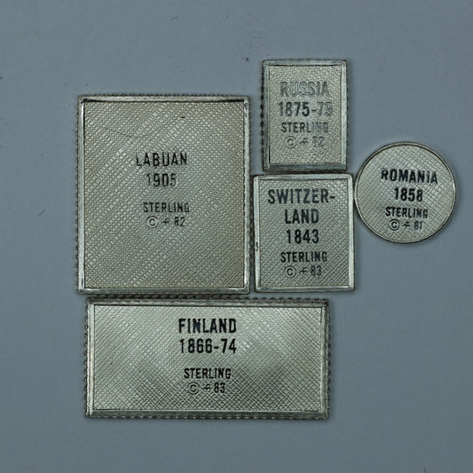 Franklin Mint Sterling Silver Miniature World Stamps - Russia Romania Finland Switzerland Labuan