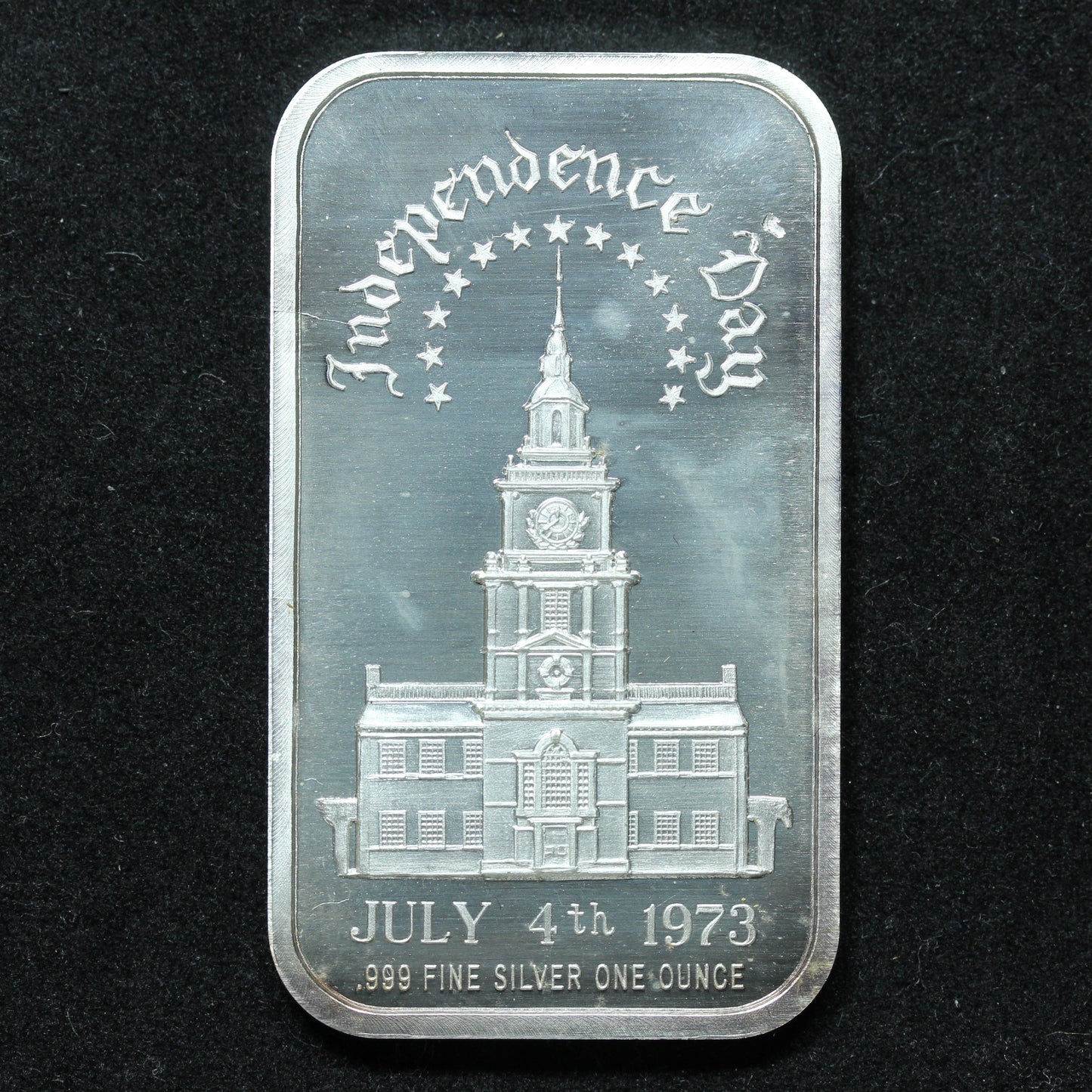 1 oz .999 Fine Silver Bar July 4, 1973 Independence Day / Independence Hall w/ Plastic