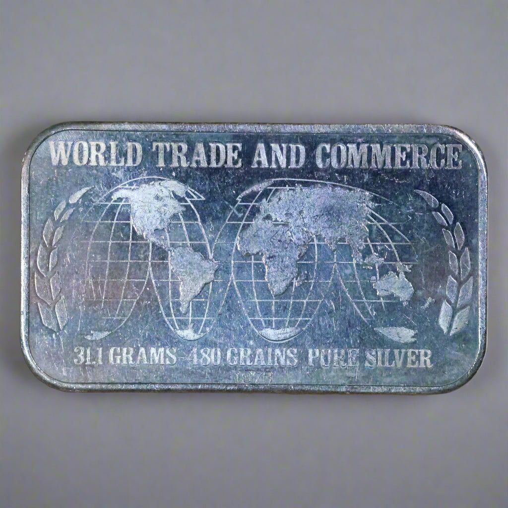 1973 1 oz Silver .999+ Fine US Silver Corp World Trade and Commerce Silver Art Bar