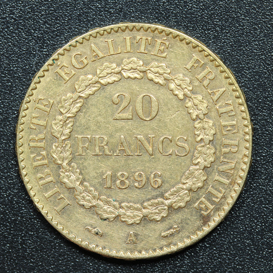 1896 A French Gold 20 Francs Lucky Angel Coin - KM# 825