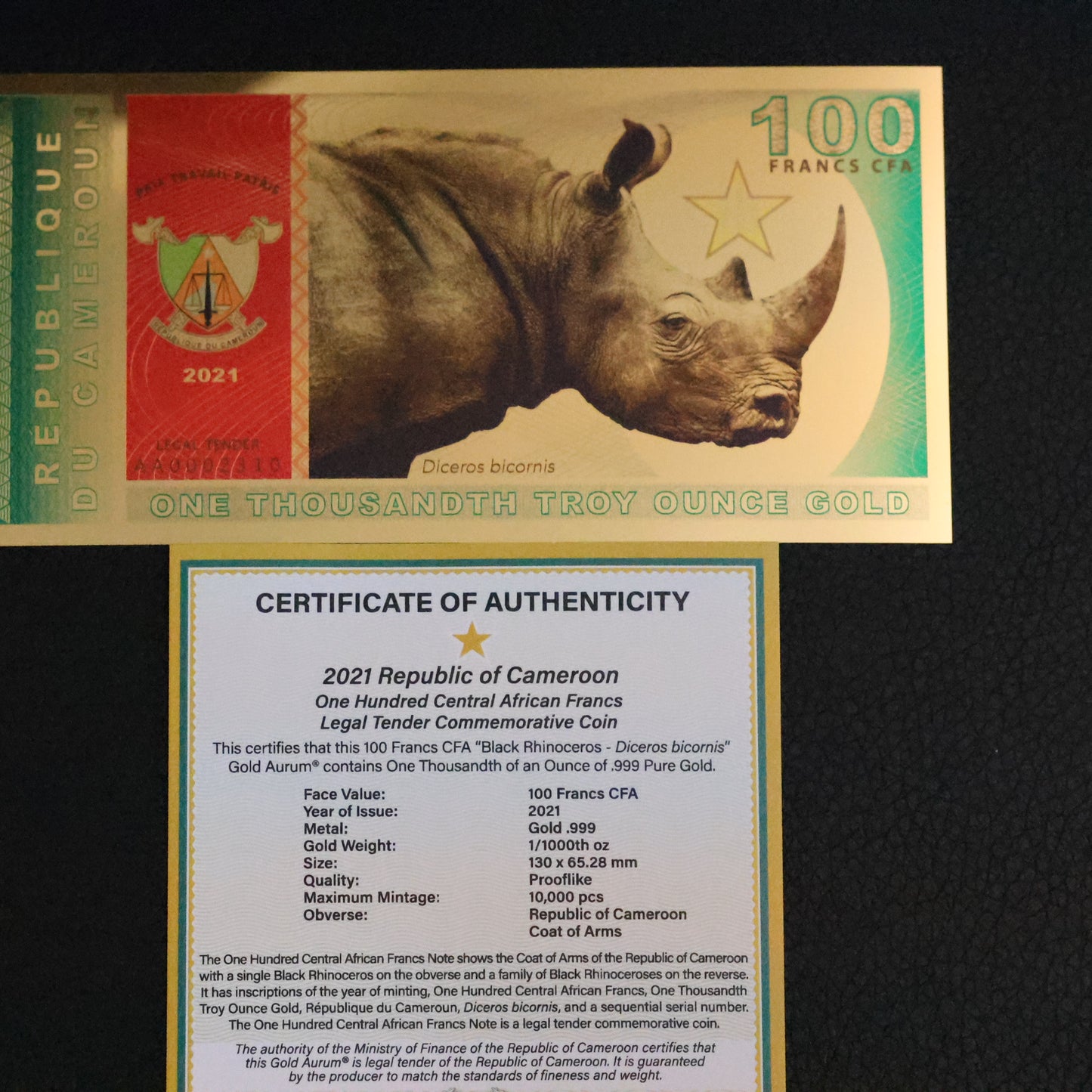 2021 Republic of Cameroon 100 Francs 1/1000th oz Gold Bill Aurum Black Rhino AA0002310