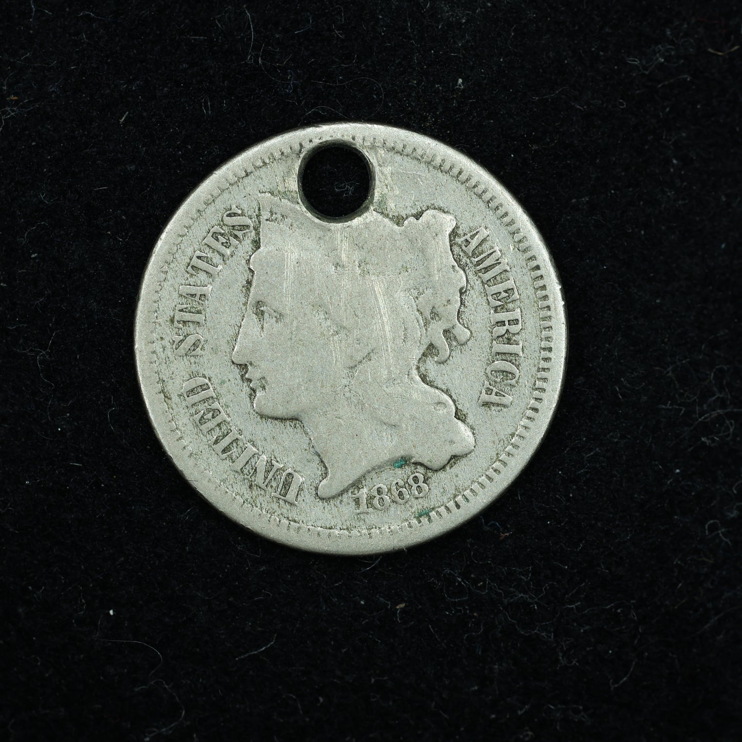 1868 Three 3 Cent 3c Nickel Holed