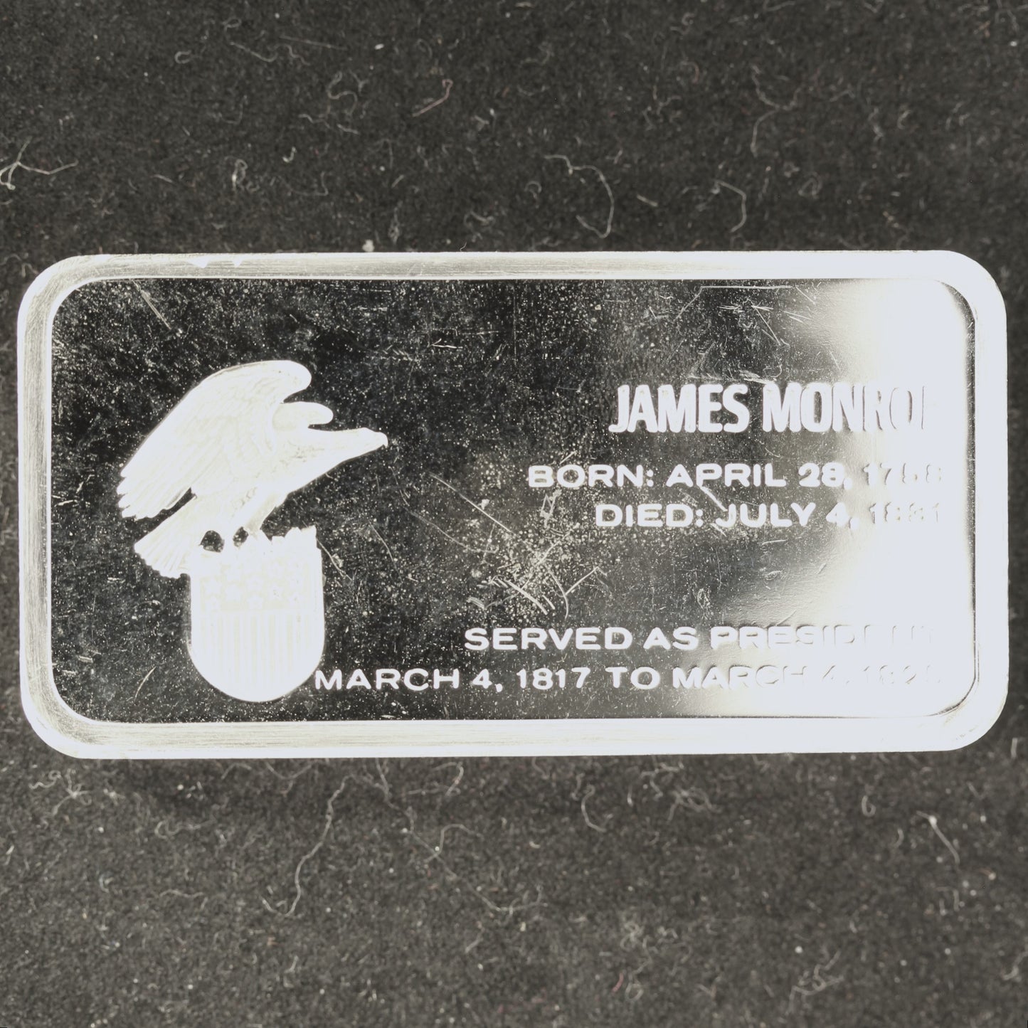 Franklin Mint Presidents James Monroe 1000 Grain Sterling Silver Ingot