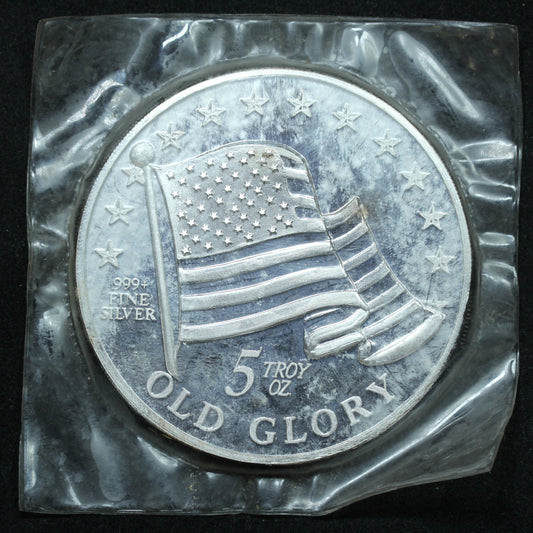5 oz .999+ Fine Silver Old Glory Art Round Flag $50 Fifty Dollars True Value - Sealed