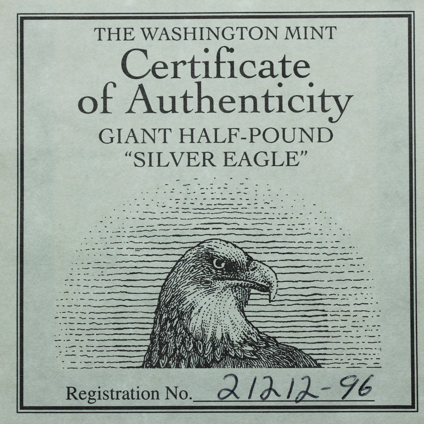 1996 Washington Mint Half Pound 'Silver Eagle' 8 oz .999 Fine Silver Round w/ Box & COA