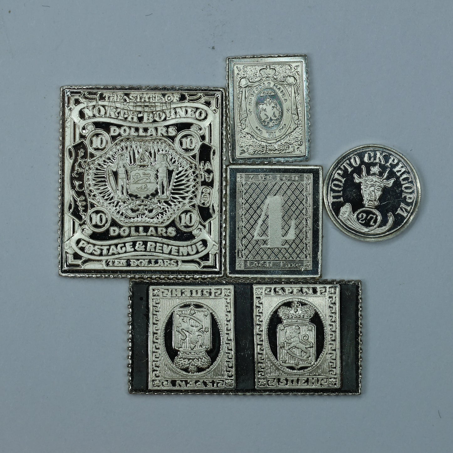 Franklin Mint Sterling Silver Miniature World Stamps - Russia Romania Finland Switzerland Labuan
