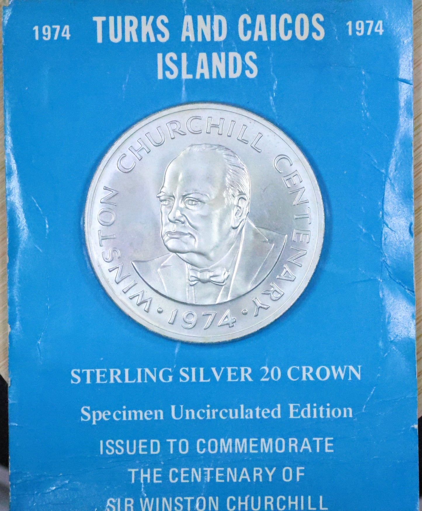 1974 Turks & Caicos Islands 20 Crowns Churchill Centenary Sterling Silver Coin in OGP