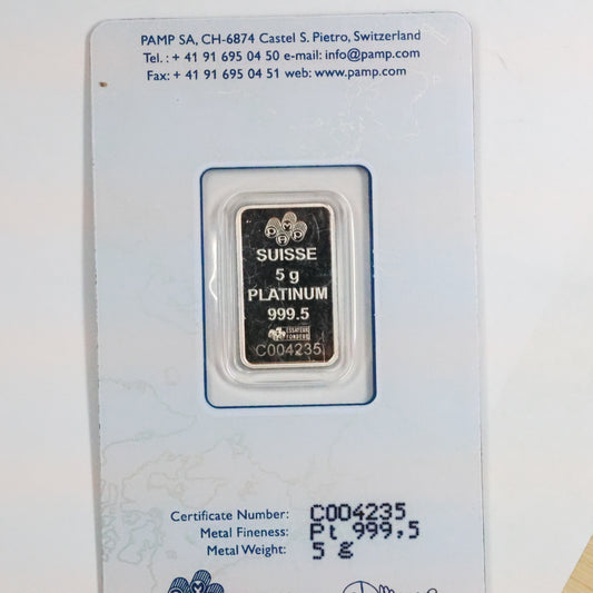 PAMP Suisse 5 Gram Platinum Bar .9995 Fine in Assay