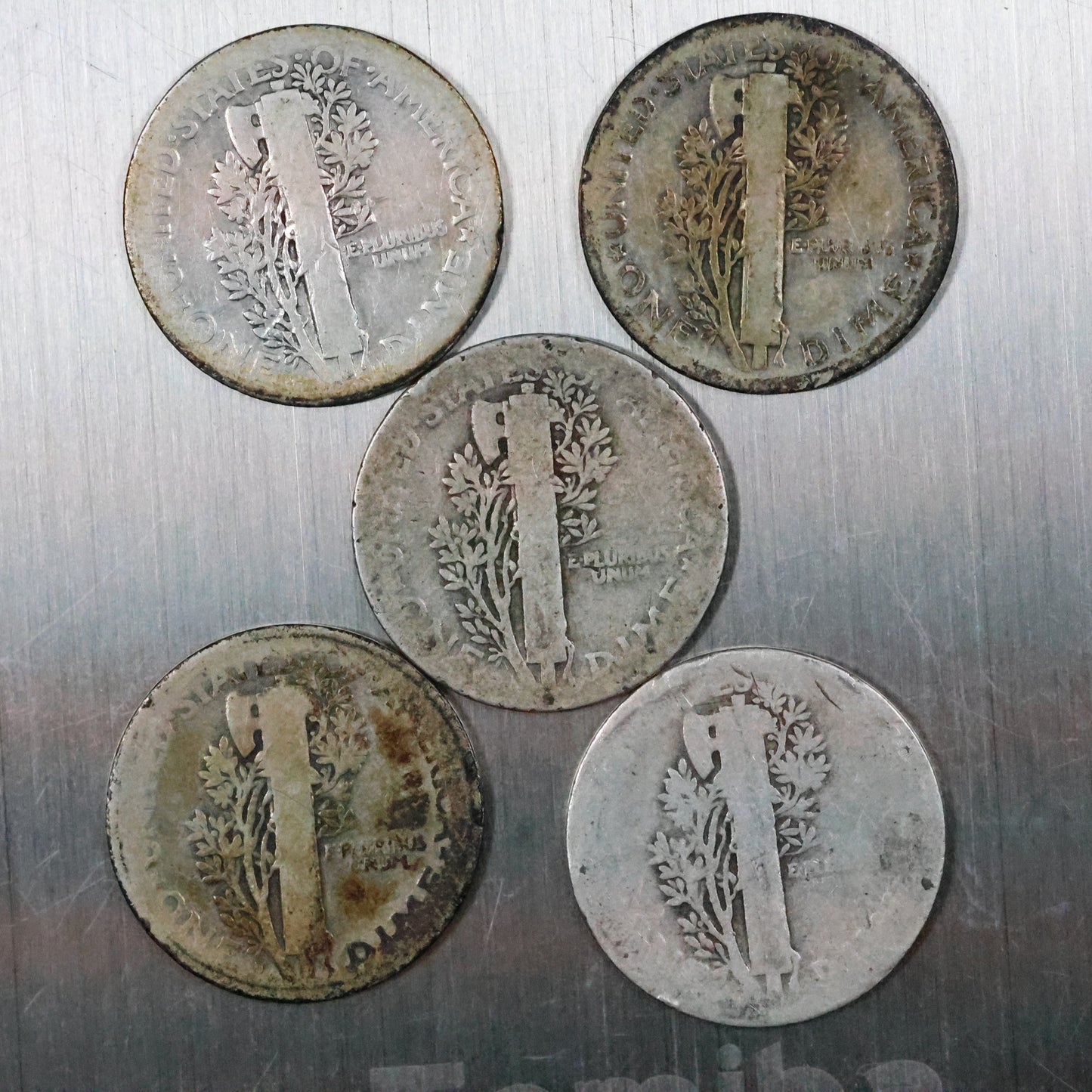 Lot of 5 Mercury Dimes - Very Worn/Cull 11.4 grams Exact Coins Shown