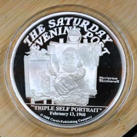 Saturday Evening Post Norman Rockwell "Triple Self Portrait" 5 oz .999 Fine Silver Round w/ Capsule