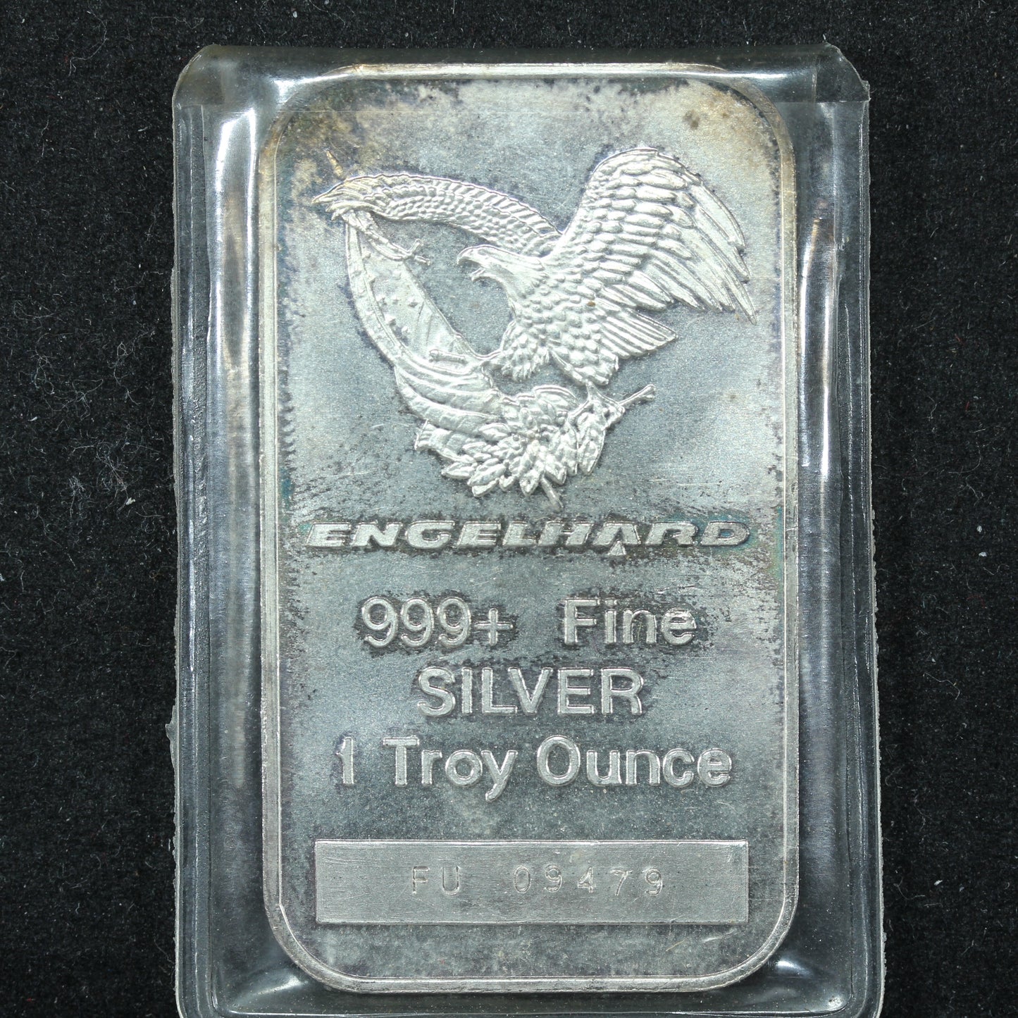 1 oz 999+ Fine Engelhard Eagle Logo Silver Bar w/ Plastic Cover - #FU09479