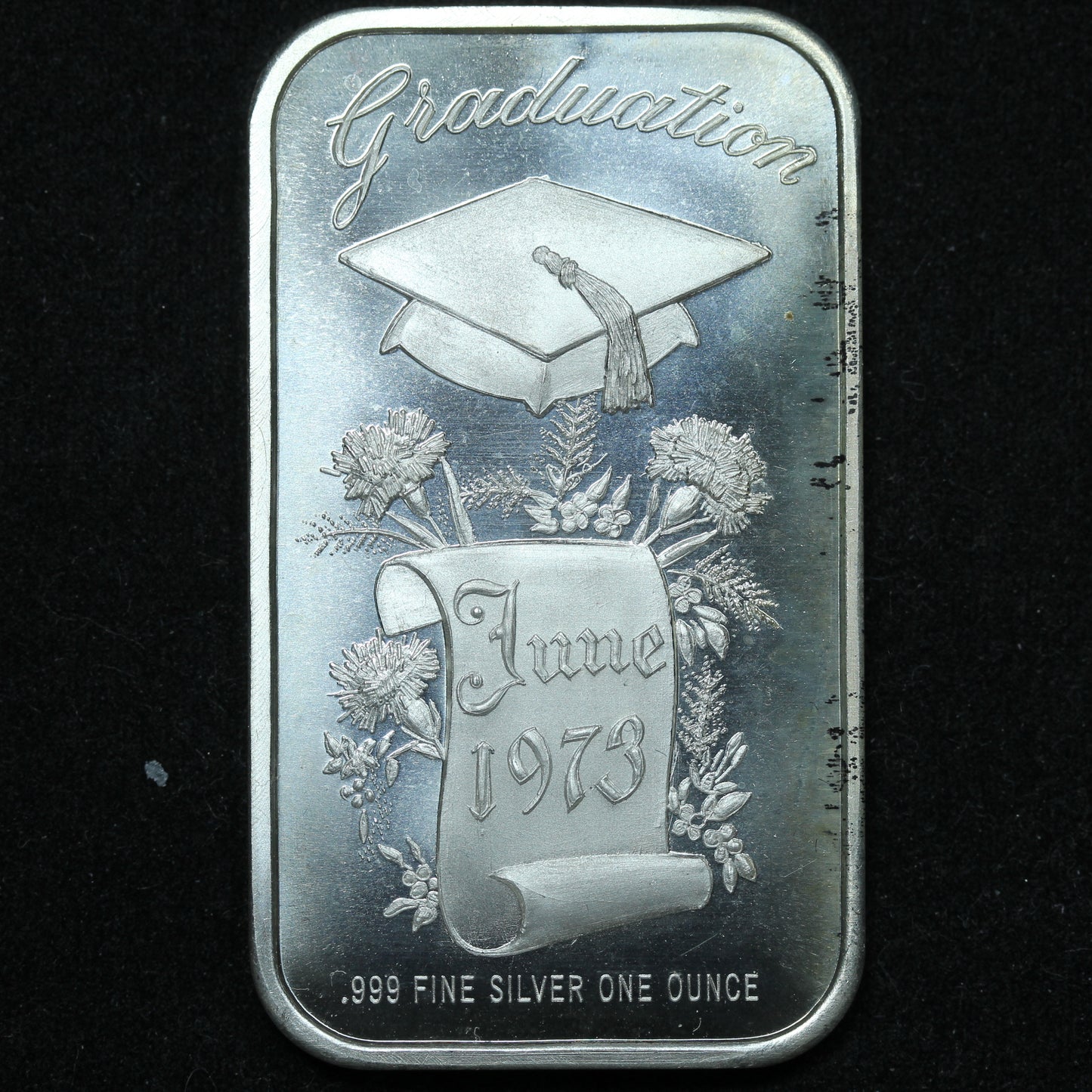 1 oz .999 Fine Silver - Vintage 1973 Graduation Art Bar Blank Reverse w/ Plastic (#2)