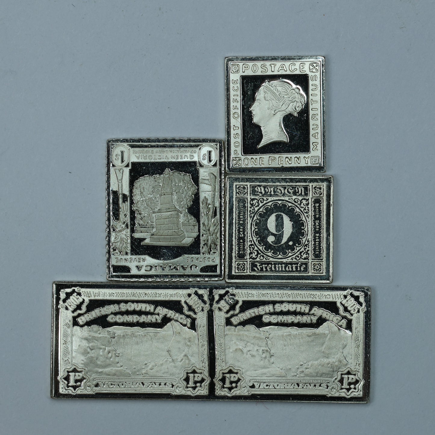 Franklin Mint Sterling Silver Miniature World Stamps - Rhodesia Baden Jamaica Mauritius