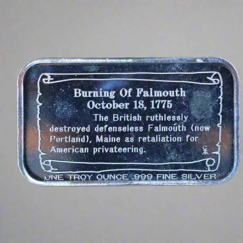 1 oz Silver .999 Fine Silver Art Bar Columbia Mint - Burning of Falmouth