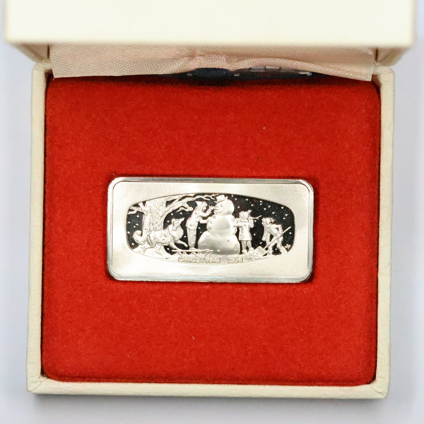 Franklin Mint Christmas Ingot - 1974 The Snowman Sterling Silver 500 Grains Bar w/ OGP