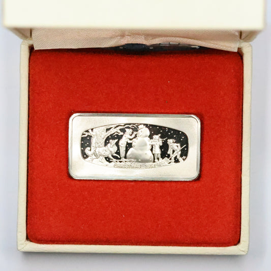 Franklin Mint Christmas Ingot - 1974 The Snowman Sterling Silver 500 Grains Bar w/ OGP