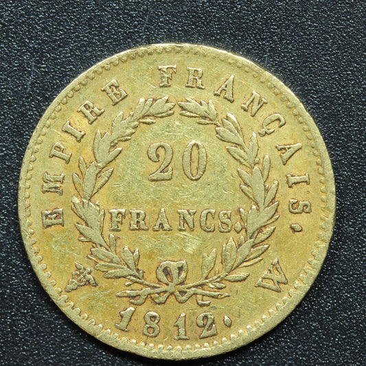 1812 W (Lille) French Gold 20 Francs Napoleon - KM#695.1