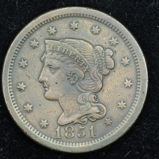 1851  Braided Hair US Large Cent 1C Penny