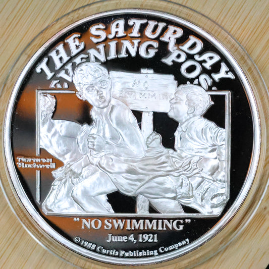 Saturday Evening Post Norman Rockwell "No Swimming" 5 oz .999 Fine Silver Round w/ Capsule