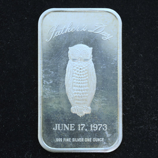 1 oz .999 Fine Silver - Vintage 1973 Father's Day Owl Art Bar Blank Reverse w/ Plastic