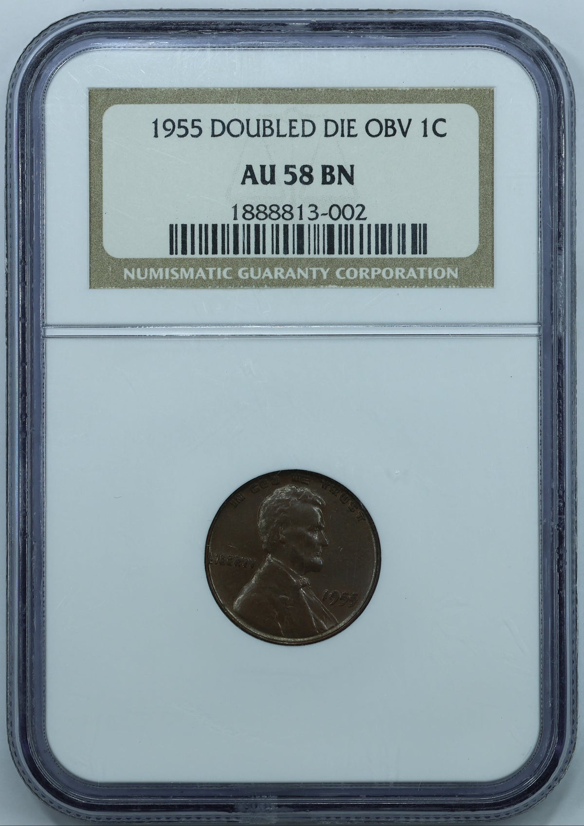 1955 Doubled Die Obverse 1C Lincoln Cent Wheat Penny - NGC AU 58 BN
