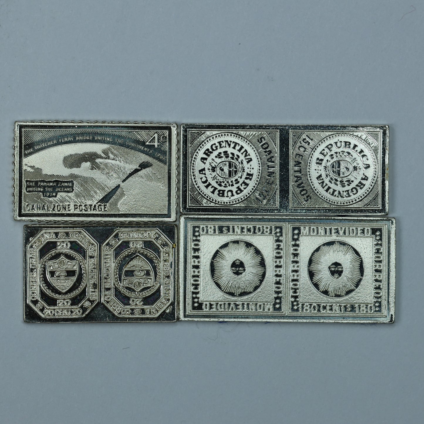 Franklin Mint Sterling Silver Miniature World Stamps - Canal Zone Argentina Uruguay Columbia