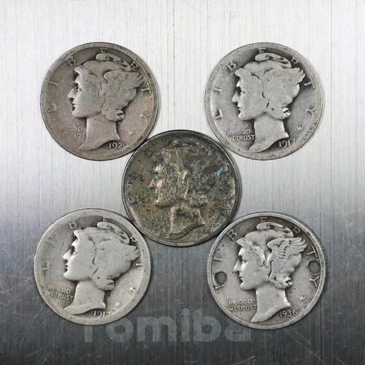 Lot of 5 Mercury Dimes - Very Worn/Cull 11.7 grams Exact Coins Shown