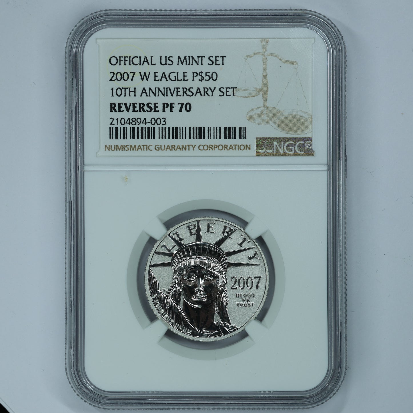 2007-W 1/2 oz $50 Platinum American Eagle Coin 10th Anniv. - NGC Reverse PF 70