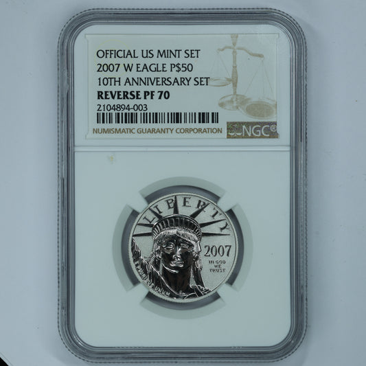 2007-W 1/2 oz $50 Platinum American Eagle Coin 10th Anniv. - NGC Reverse PF 70