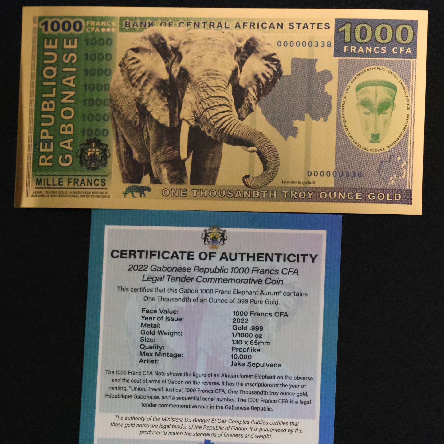 2021 Gabonese Republic 1000 Francs 1/1000th oz Gold Bill Aurum Elephant 000000338
