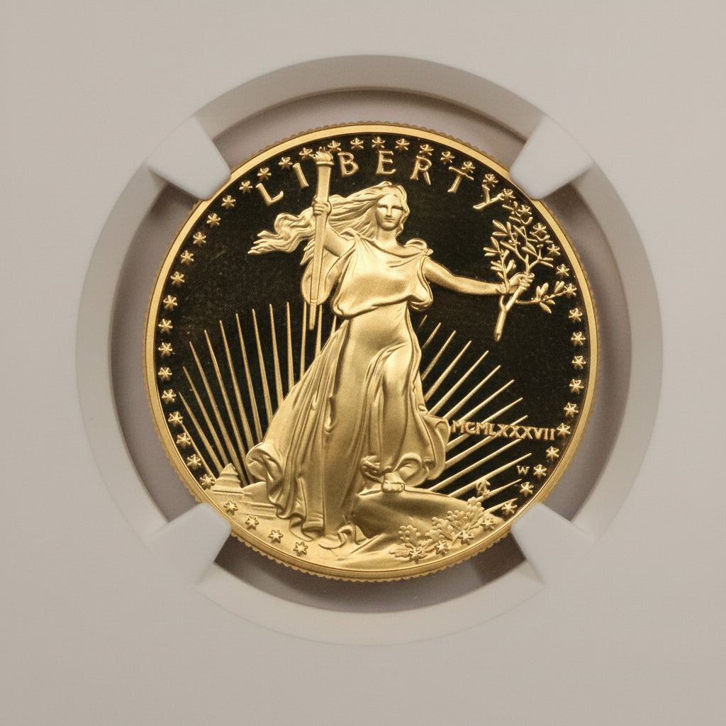 Gold coin with 'Liberty' inscription on a white background
