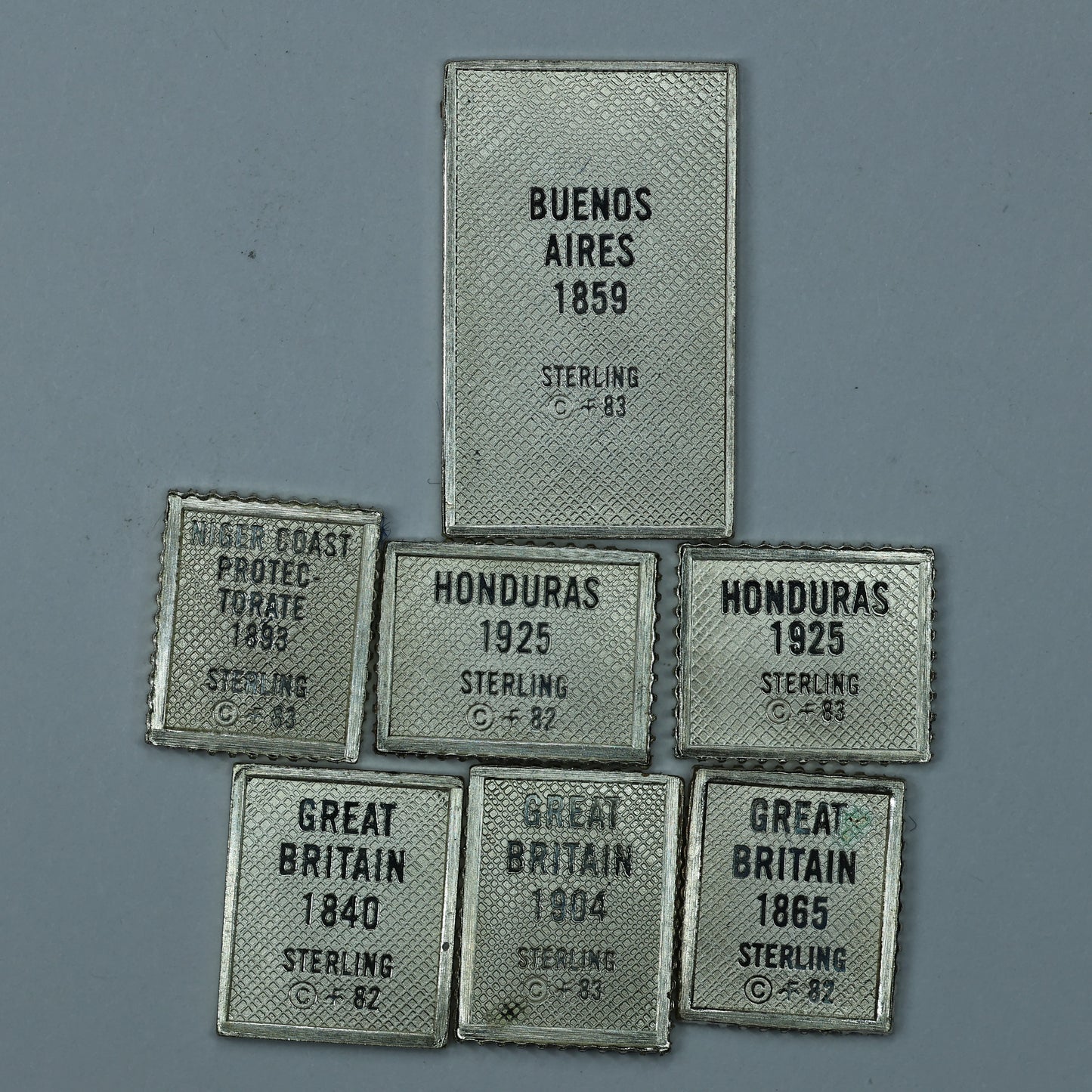 Franklin Mint Sterling Silver Miniature World Stamps - Honduras Great Britain Buenos Aires Niger