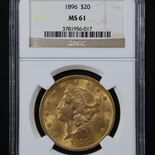 1896 (Philadelphia) $20 Liberty Head US Gold Double Eagle Coin - NGC MS 61