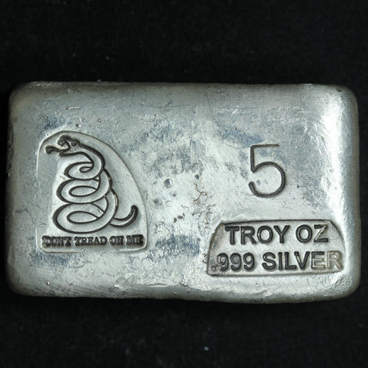 5 oz .999 Fine Silver Poured Bar - Prospector's Gold & Gems Don't Tread On Me