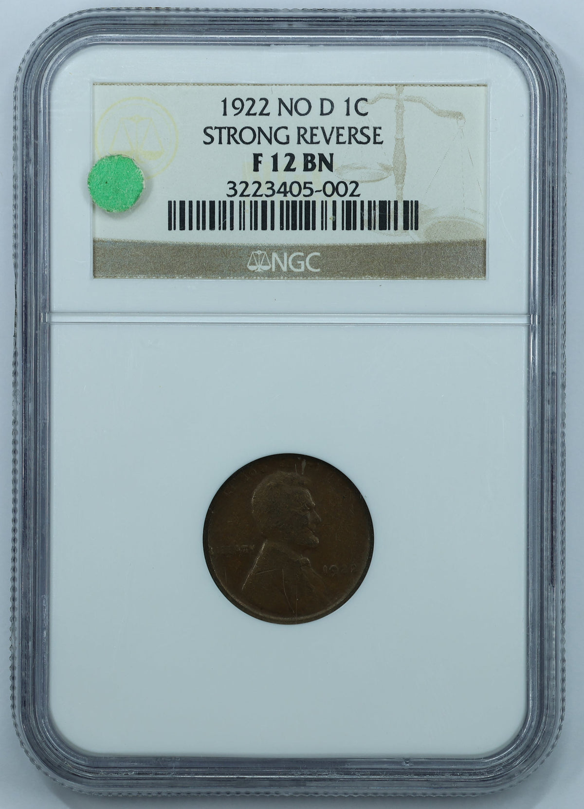 1922 NO D 1C Lincoln Cent Strong Reverse - NGC F12 BN