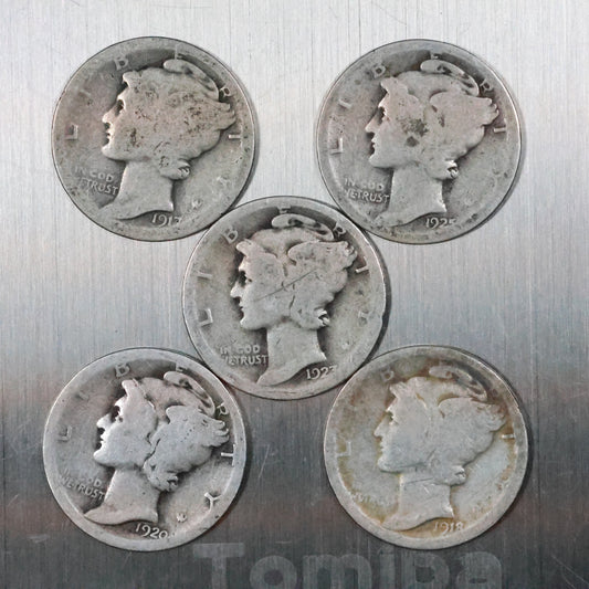 Lot of 5 Mercury Dimes - Very Worn/Cull 11.2 grams Exact Coins Shown