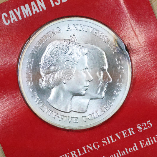 1972 Cayman Islands $25 Dollar Elizabeth II & Prince Philip 25th Anniv. UNC Sterling Silver Coin in OGP