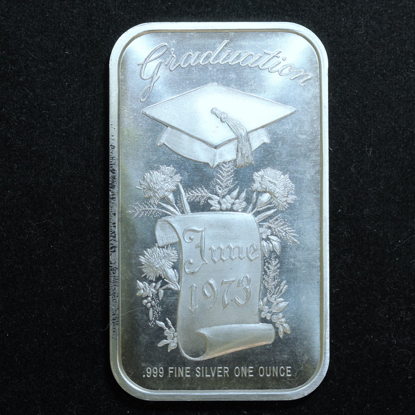 1 oz .999 Fine Silver - Vintage 1973 Graduation Art Bar Blank Reverse w/ Plastic
