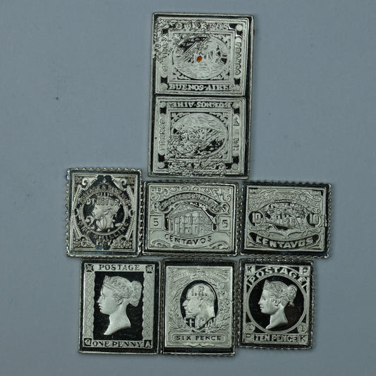 Franklin Mint Sterling Silver Miniature World Stamps - Honduras Great Britain Buenos Aires Niger