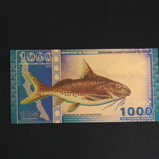 2021 Republic of Tanzania 1000 Shillings 1/1000th oz Gold Bill Aurum Tanganyika Catfish 0003204