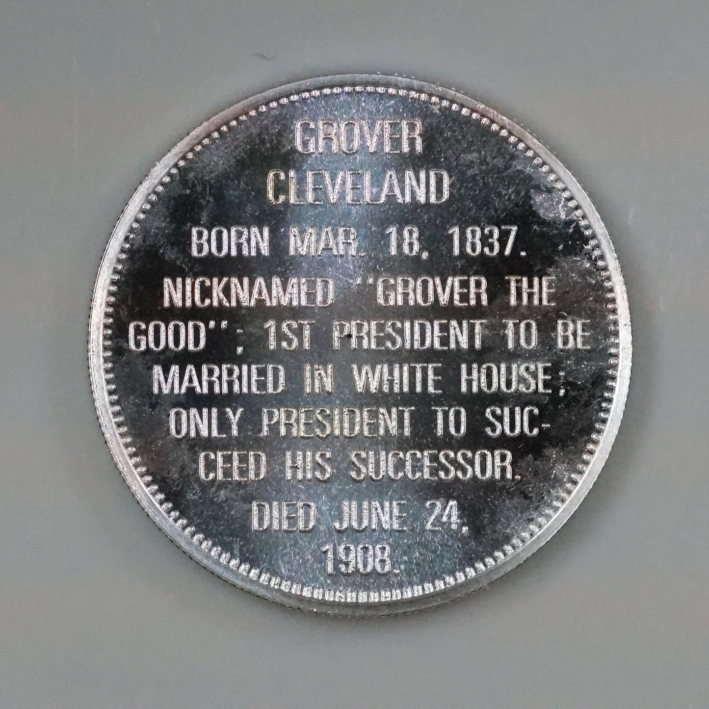 Franklin Mint Presidential Commemorative Sterling Silver Medal - Grover Cleveland