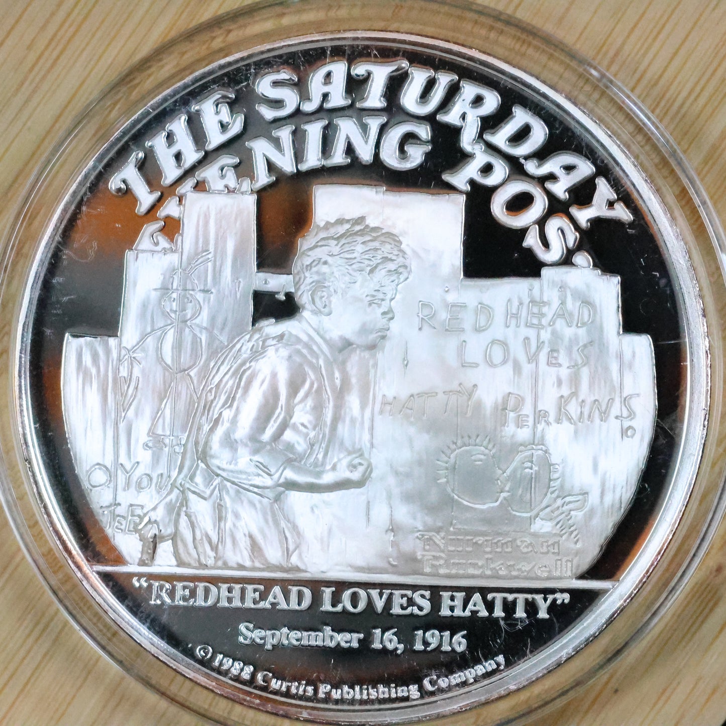 Saturday Evening Post Norman Rockwell "Redhead Loves Hatty" 5 oz .999 Fine Silver Round w/ Capsule