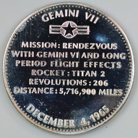 Danbury Mint Men In Space - Gemini VII Rendezvous w/ Gemini VI Sterling Silver Proof Coin Medal