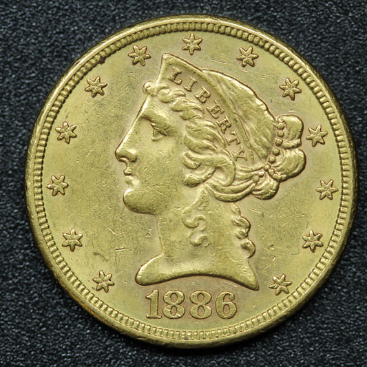 1886 S $5 Gold Liberty Head Half Eagle Coin San Francisco