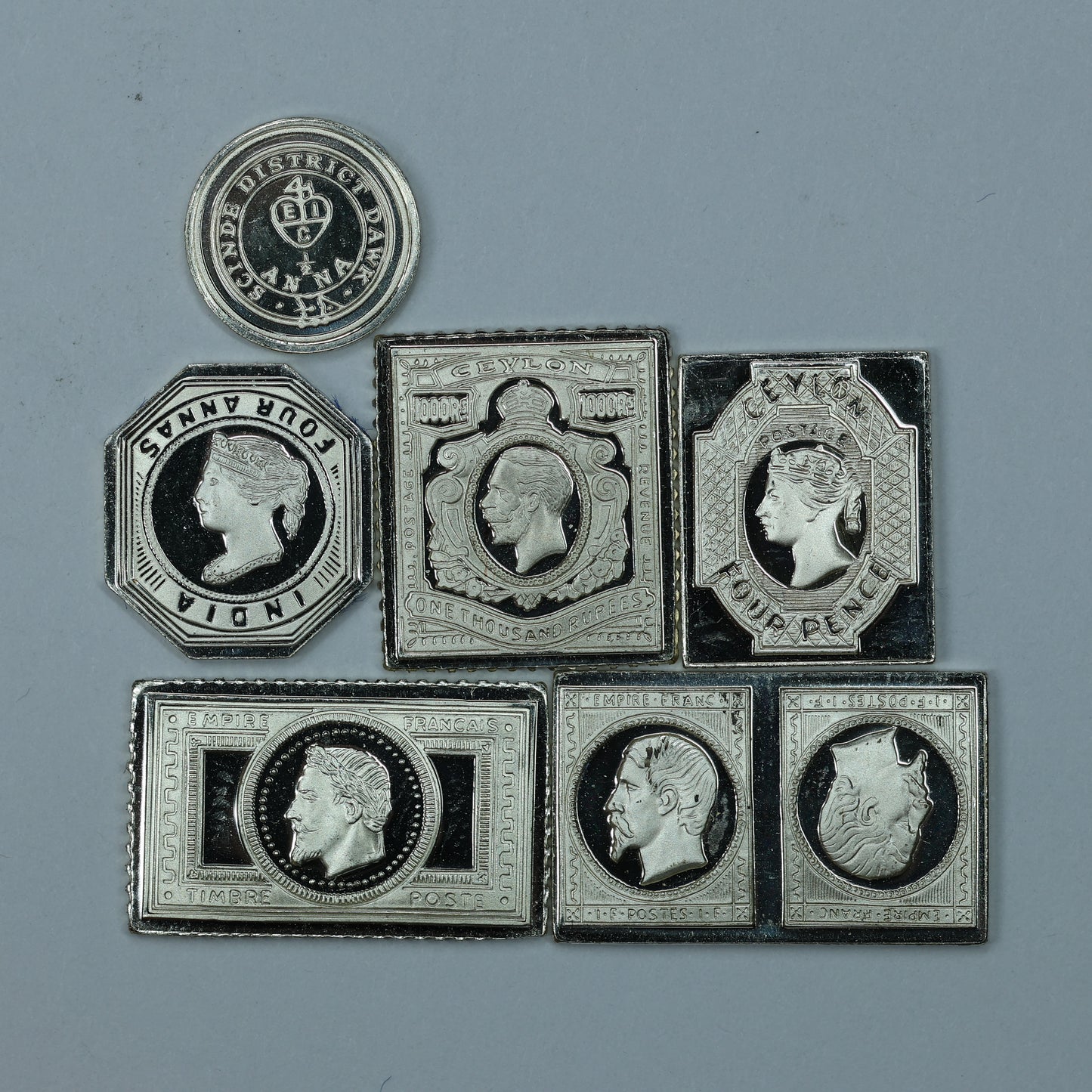 Franklin Mint Sterling Silver Miniature World Stamps - India Ceylon France